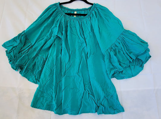 Elan Peasant One Size Teal Boho Bell Sleeve Off Shoulder Womens Top 2X NWT