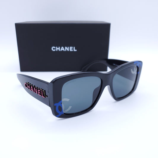 CHANEL Acetate Blue CC Logo Square Sunglasses 71472 Black